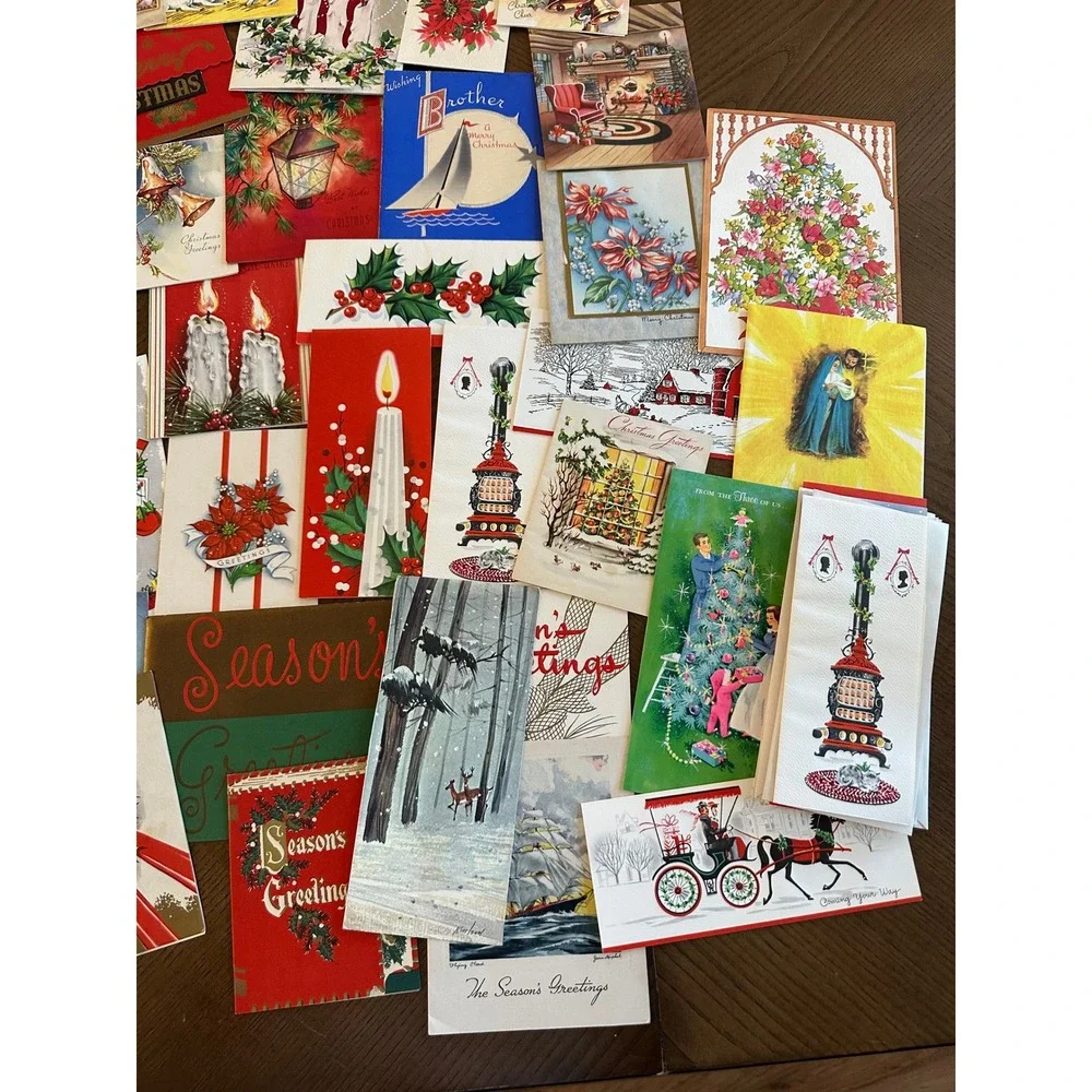 Vintage 80+ Christmas Cards Lot Mixed Retro Mid Century Holiday Ephemera Journal